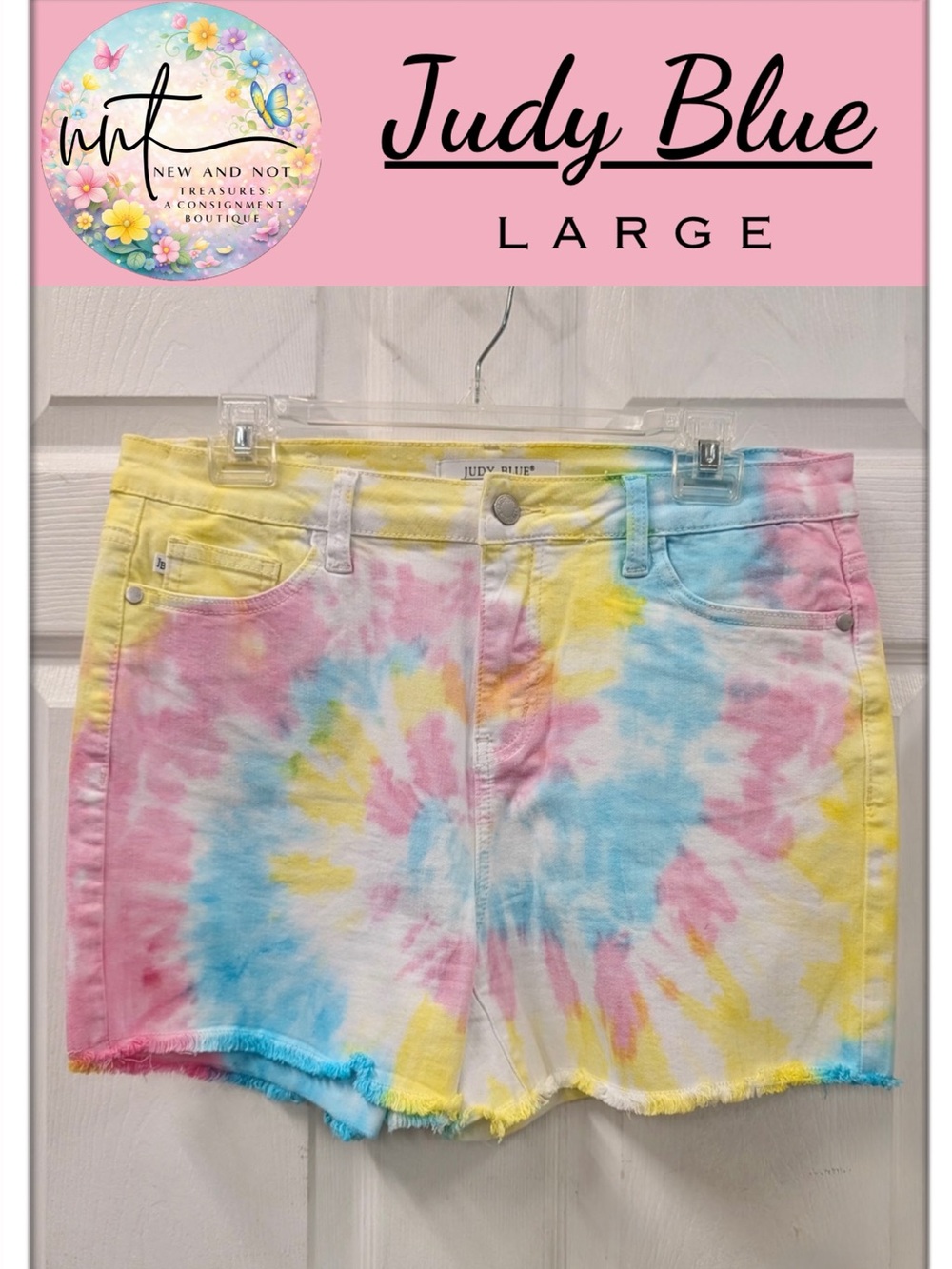 Judy Blue Large Tie Dye Denim Shorts Pink Blue Yellow Raw Hem Cutoff Jean Shorts
